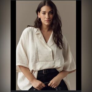 Anthropologie Cream Wrap Blouse with Notched Collar